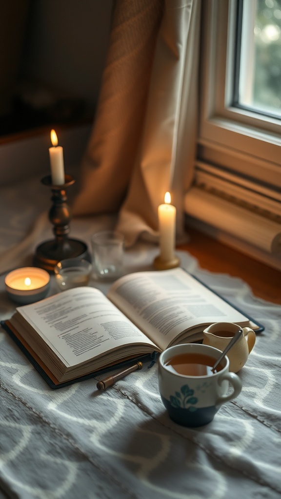 A tranquil prayer space with candles, a journal, and tea, conveying a sense of serenity.